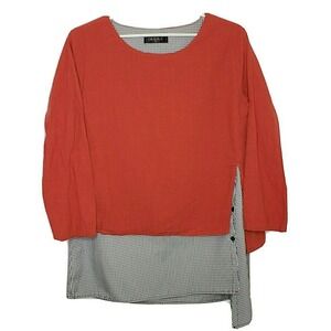 Gracila Women's Top 2X L/S Orange Black White Plaid Layered Side Button Blouse